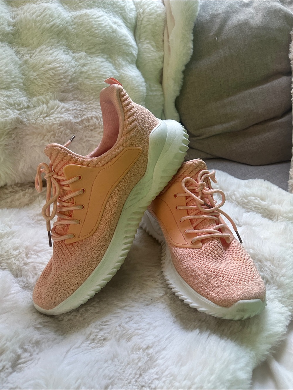 Amazon Women's Peach Knit Lace-Up Athletic Sneakers - Peach and White